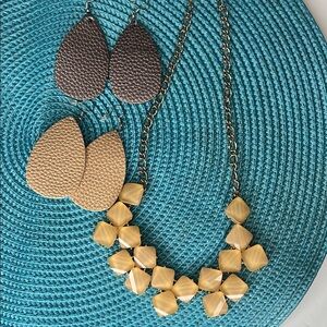 Geometric Necklace and Earrings Set, Beige and Metallic Grey Copper.Muted colors